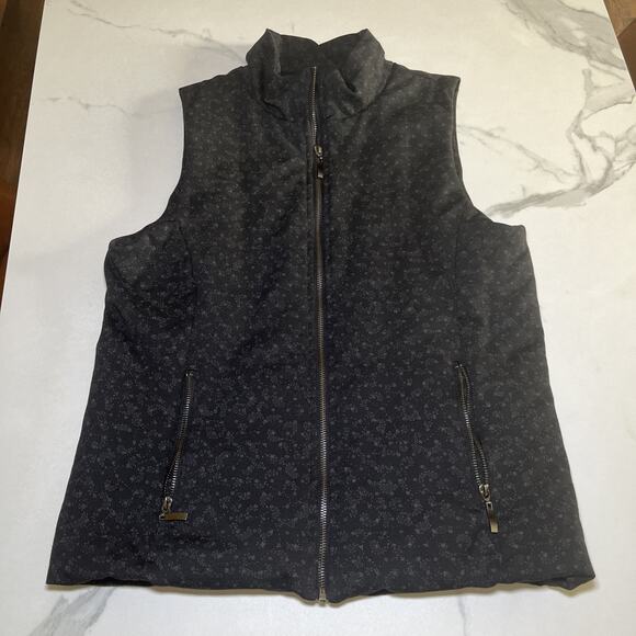 Lemon Tart Vest Black Floral All Over Print Full Zip Lined Pockets Womens L EUC - Picture 1 of 11